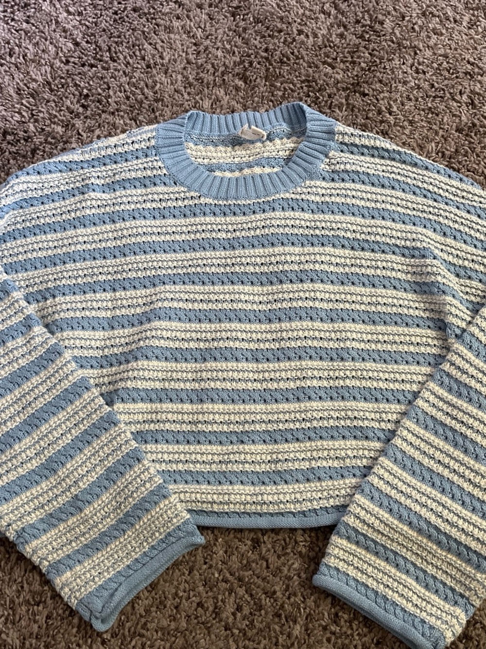 Peach Love California Blue and Cream Striped Crochet Sweater